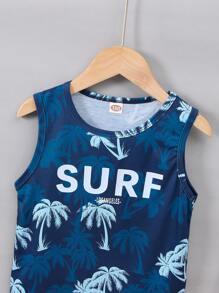 SHEIN 小男童熱帶印花和字母圖案背心上衣和短褲