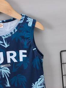 SHEIN 小男童熱帶印花和字母圖案背心上衣和短褲