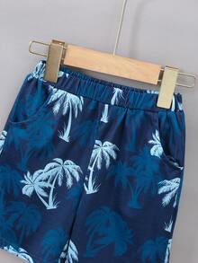 SHEIN 小男童熱帶印花和字母圖案背心上衣和短褲