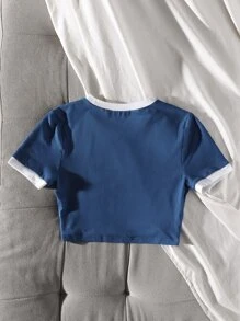 SHEIN Unity Camiseta unida en contraste con estampado de letra - Azul - Ver 2