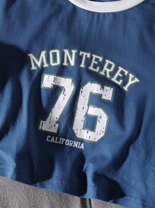 SHEIN Unity Camiseta unida en contraste con estampado de letra - Azul - Ver 5