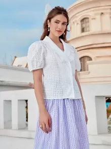 Mulvari Áo sơ mi nữ Xù Nút phía trước màu trơn Giải trí - trắng - Xem 1