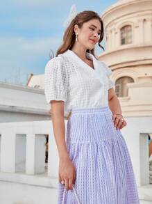 Mulvari Áo sơ mi nữ Xù Nút phía trước màu trơn Giải trí - trắng - Xem 6