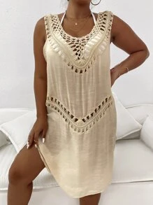 SHEIN Swim Curve Plus Hollow Out Split Thigh Cover Up Without Bikini, For Summer Beach Vacation - Beige - View 4