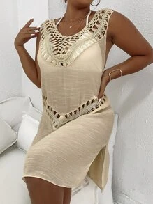 SHEIN Swim Curve Plus Hollow Out Split Thigh Cover Up Without Bikini, For Summer Beach Vacation - Beige - View 6