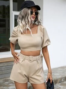 Square Neck Puff Sleeve Blouse & Belted Shorts - Khaki - View 1
