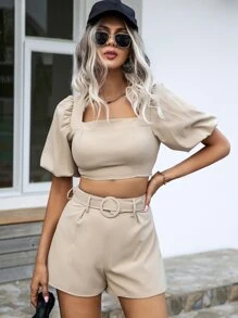 Square Neck Puff Sleeve Blouse & Belted Shorts - Khaki - View 3