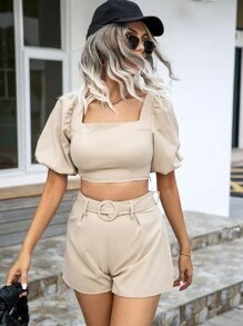 Square Neck Puff Sleeve Blouse & Belted Shorts - Khaki - View 4