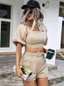 Square Neck Puff Sleeve Blouse & Belted Shorts - Khaki - View 6