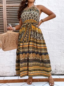 SHEIN LUNE 大碼印花腰帶吊帶連衣裙 - 彩色 - 查看 1