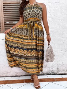 SHEIN LUNE 大碼印花腰帶吊帶連衣裙 - 彩色 - 查看 3