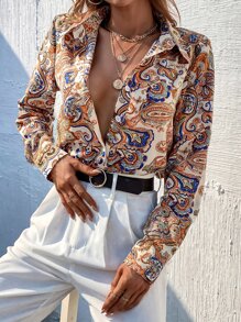 SHEIN Frenchy Áo sơ mi In hoa Paisley Nút phía trước - Nhiều màu - Xem 5