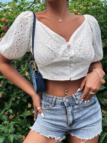 雞心領泡泡袖網眼刺繡短款襯衫 - 白色 - 查看 1