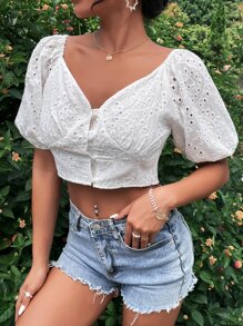 雞心領泡泡袖網眼刺繡短款襯衫 - 白色 - 查看 3