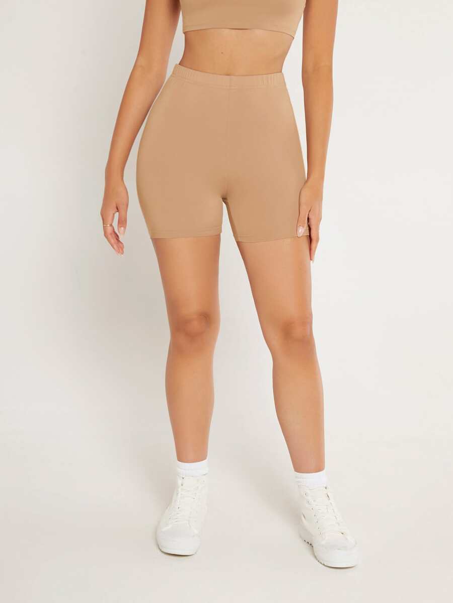 SHEIN BASICS 1pc Solid High Waist Cycling Shorts - Apricot - View 1