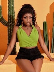 Slaydiva 圍裹胸襟繞頸短上衣 - 綠色 - 查看 5