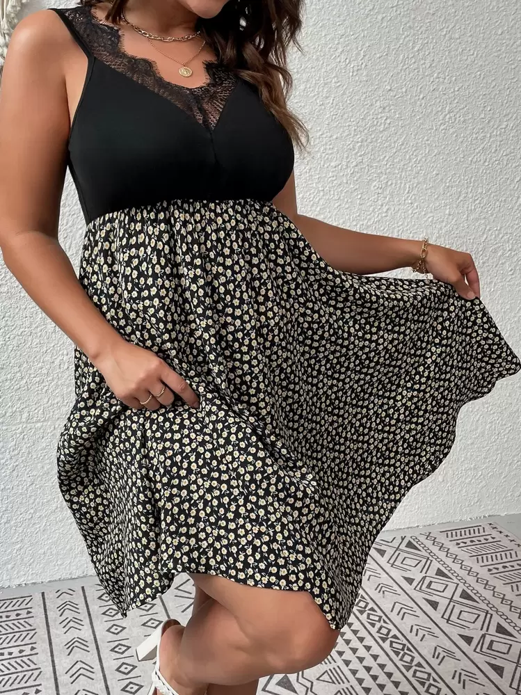 Plus Ditsy Floral Print Contrast Lace Dress | SHEIN USA