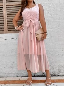 SHEIN LUNE Plus Contrast Lace Sleeveless Belted Chiffon Dress - Baby Pink - View 1