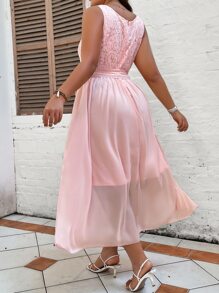 SHEIN LUNE Plus Contrast Lace Sleeveless Belted Chiffon Dress - Baby Pink - View 2