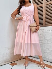 SHEIN LUNE Plus Contrast Lace Sleeveless Belted Chiffon Dress - Baby Pink - View 3