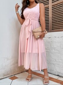 SHEIN LUNE Plus Contrast Lace Sleeveless Belted Chiffon Dress - Baby Pink - View 4