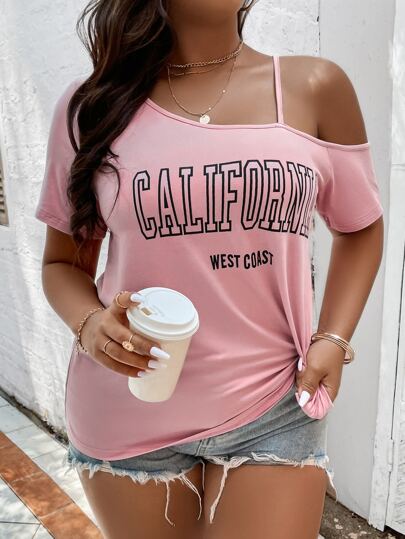 Plus Letter Graphic Asymmetrical Neck T-shirt