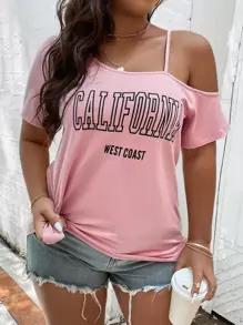 SHEIN LUNE Plus Letter Graphic Asymmetrical Neck T-shirt - Dusty Pink - View 4