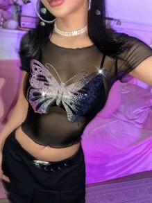 SHEIN ICON 90年代串珠蝴蝶細節網紗上衣不附胸罩 - 黑色 - 查看 1