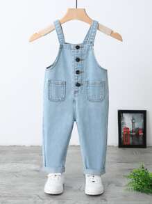 嬰兒雙口袋紐扣細節牛仔背帶褲