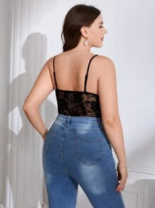 SHEIN Privé Plus Lace Panel Bustier Cami Bodysuit - Black - View 2