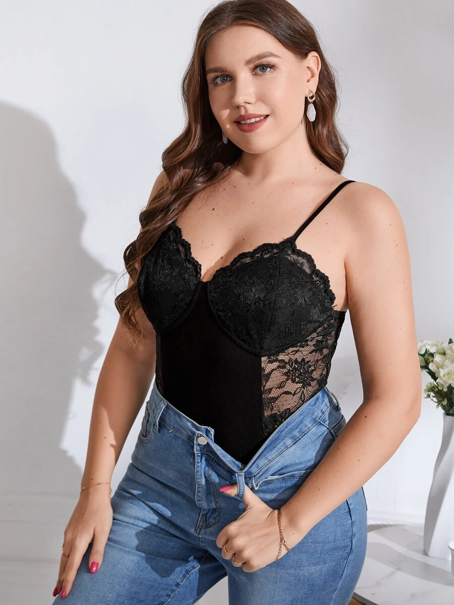 SHEIN Privé Plus Lace Panel Bustier Cami Bodysuit - Black - View 1