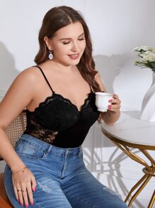 SHEIN Privé Plus Lace Panel Bustier Cami Bodysuit - Black - View 3