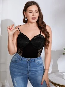 SHEIN Privé Plus Lace Panel Bustier Cami Bodysuit - Black - View 4