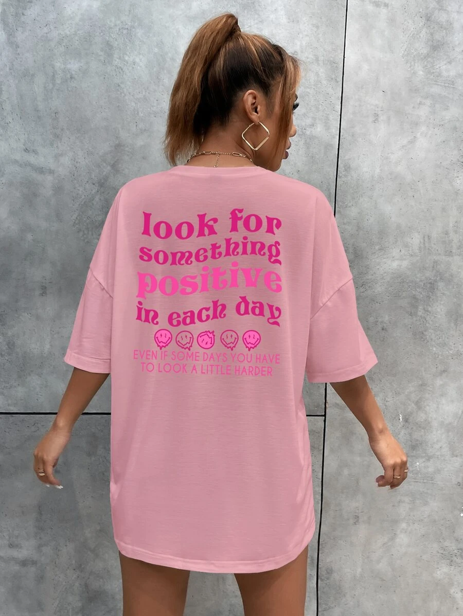 SHEIN Unity Slogan & Expression Print Drop Shoulder Tee - Pink - View 1