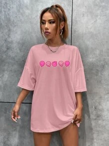 SHEIN Unity Slogan & Expression Print Drop Shoulder Tee - Pink - View 2