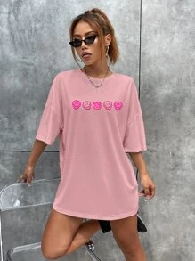 SHEIN Unity Slogan & Expression Print Drop Shoulder Tee - Pink - View 3