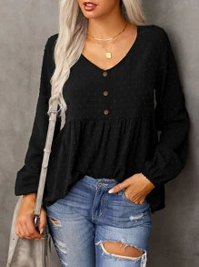 SHEIN LUNE Swiss Dot Button Detail Lantern Sleeve Peplum Blouse - Black - View 3