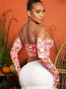 SHEIN Floral Print Cold Shoulder Tee - Multicolor - View 2