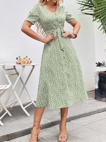 SHEIN VCAY Ditsy Floral Print Belted Dress