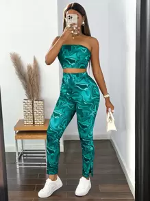 SOLERSUN Random Marble Print Tube Top & Slit Hem Leggings - Teal Blue - View 4