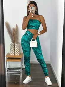 SOLERSUN Random Marble Print Tube Top & Slit Hem Leggings - Teal Blue - View 5