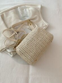 Bolsa de mimbre con estampado de letra con diseño de cadena - Beis - Ver 2