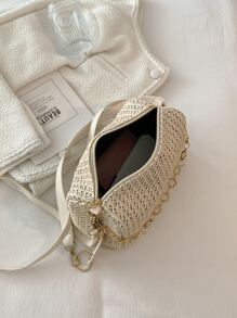 Bolsa de mimbre con estampado de letra con diseño de cadena - Beis - Ver 4