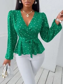 SHEIN SXY 隨機愛心圖案交疊領腰帶襯衫 - 綠色 - 查看 1