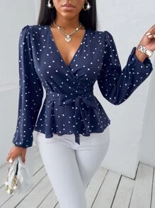 SHEIN SXY Random Heart Print Surplice Neck Belted Blouse Women Shirt - Navy Blue - View 1
