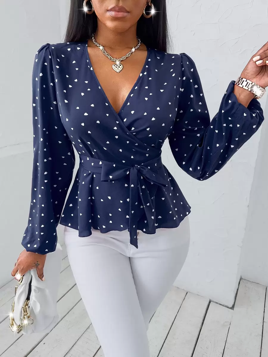 SHEIN SXY Random Heart Print Surplice Neck Belted Blouse Women Shirt - Navy Blue - View 1