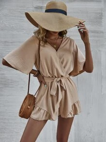 Mono de manga mariposa bajo con fruncido con cinturón - Caqui - Ver 1