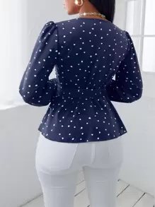 SHEIN SXY Random Heart Print Surplice Neck Belted Blouse Women Shirt - Navy Blue - View 2