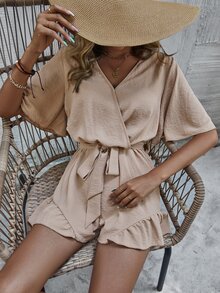 Mono de manga mariposa bajo con fruncido con cinturón - Caqui - Ver 3