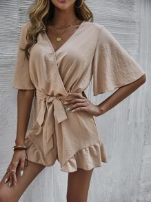 Mono de manga mariposa bajo con fruncido con cinturón - Caqui - Ver 4